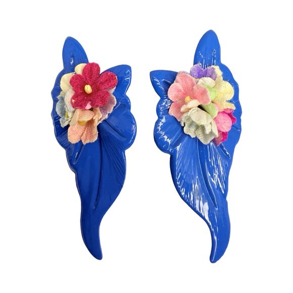 Blue Flower Bouquet Statement Earrings 2.5" Floral Spray Spring Summer - Picture 4 of 7
